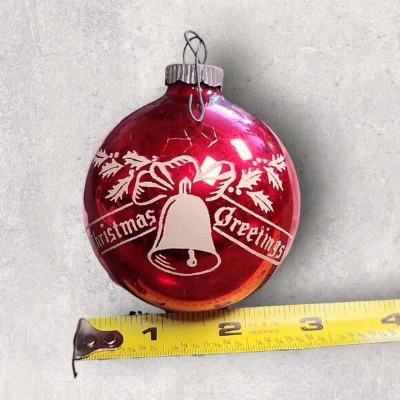 Vintage Shiny Brite Red Glass Christmas Ornament Stenciled “Christmas Greetings” - Picture 4 of 4